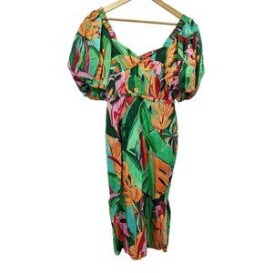 NWT Farm Rio Banana Foliage Puff Sleeve Midi Dress XS MSRP $245